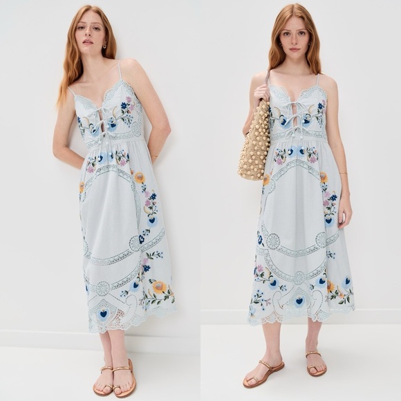 Sea NY Celia Embroidered Slip Dress Floral Cotton Linen Midi Size Large - Picture 10 of 16